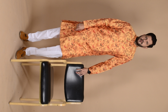 Men Printed Kurta with Pant in Yellow Orange Colour