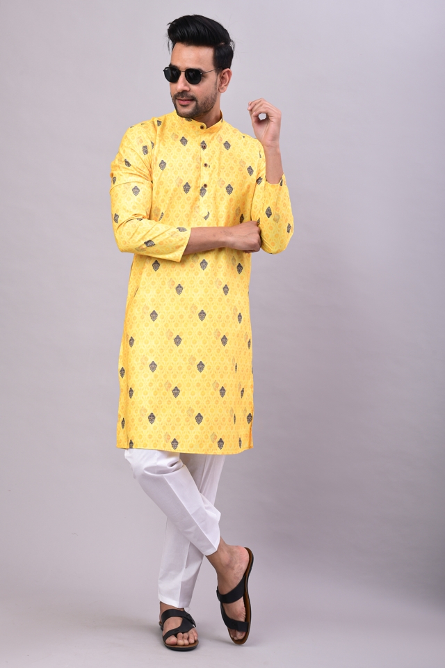 Men Printed Kurta with Pant in Haldi Yellow Colour