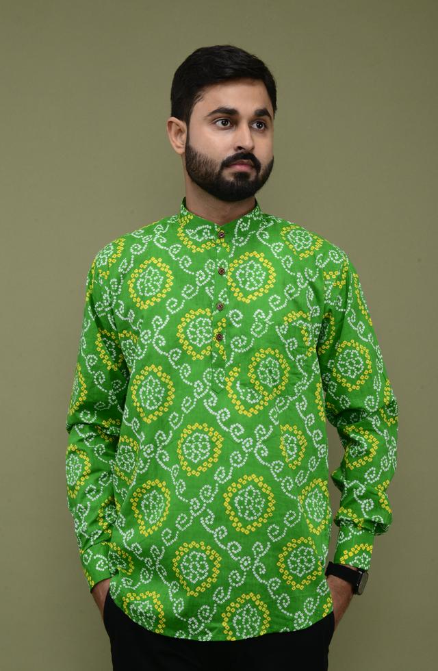 Jaipuri Printed Short Kurta In Green Colour