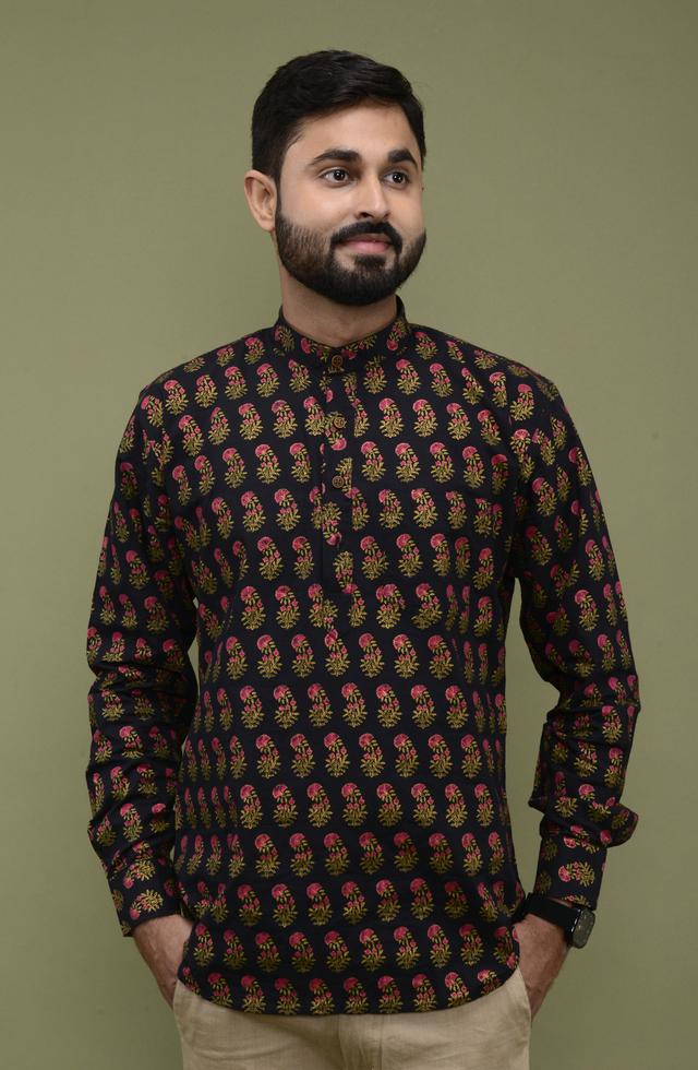 Jaipuri Printed Short Kurta In Black