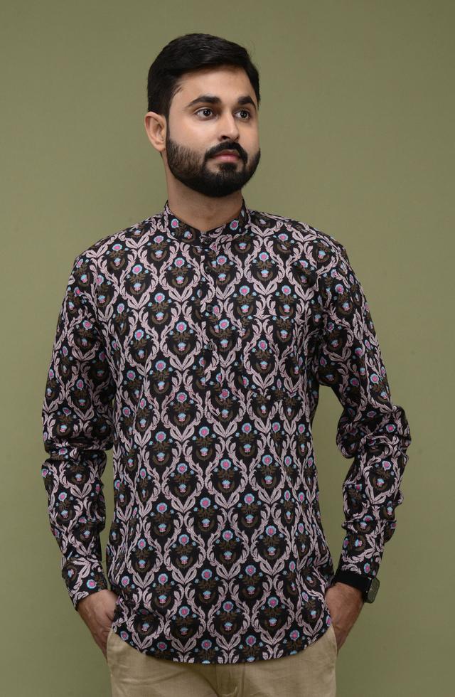 Jaipuri Printed Short Kurta In Black Colour