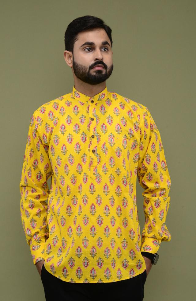 Jaipuri Printed Short Kurta In Yellow Colour