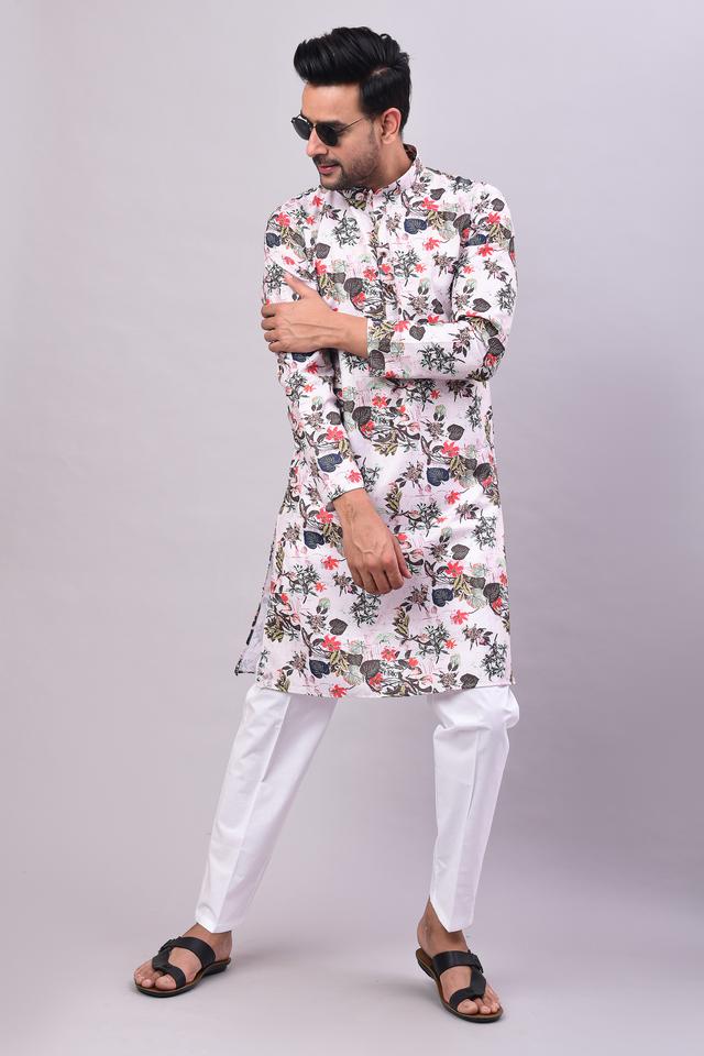 Men Printed Cotton Kurta In Baby Pink Colour