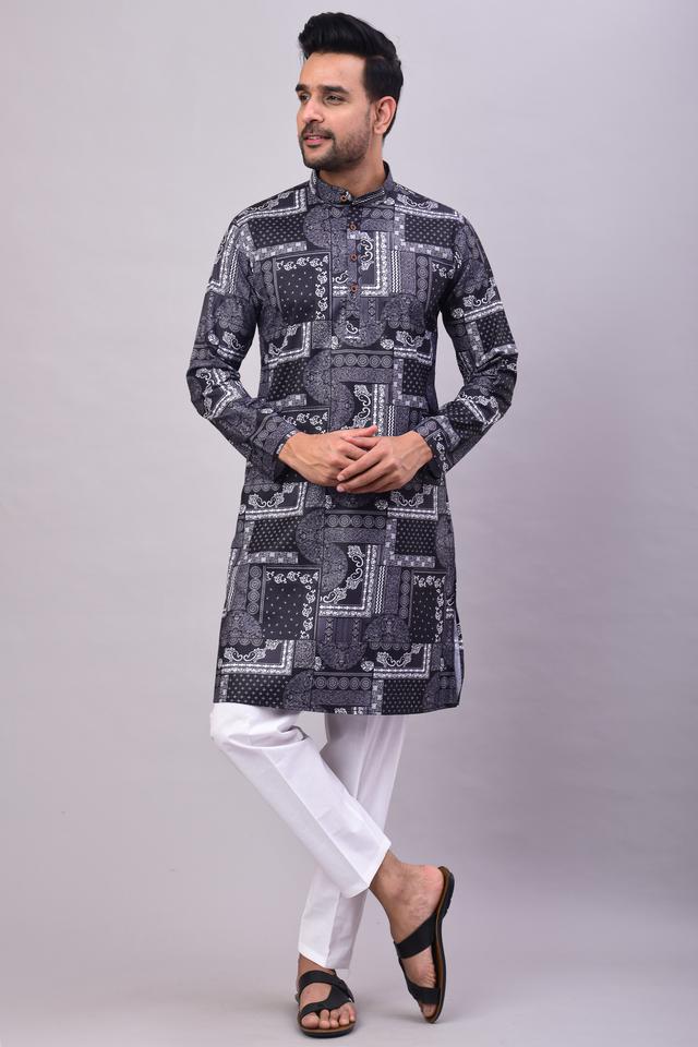 Black Designer Printed Kurta With Pyjamas For Men