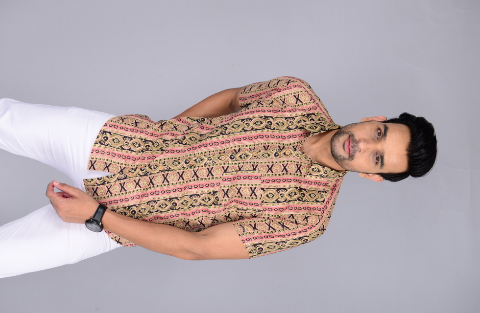 Men Stylish Printed Jaipuri Shirt In Beige Colour