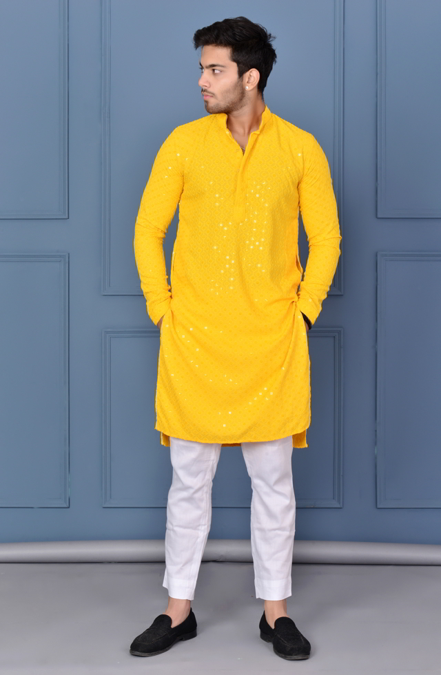 Alluring Haldi Yellow Kurta With Diamond Sequence Design