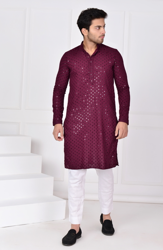 Marvelous Wine Kurta With Diamond Sequence Design