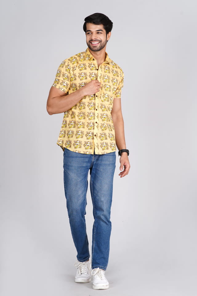 Moustache printed Mustard Jaipuri Shirt