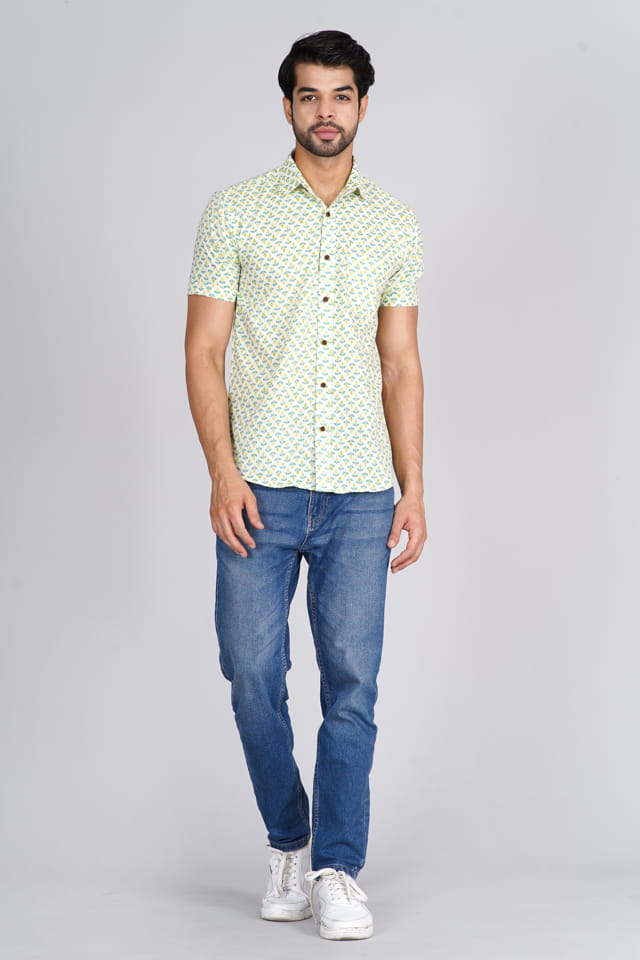 Off white green leaf print jaipuri shirt