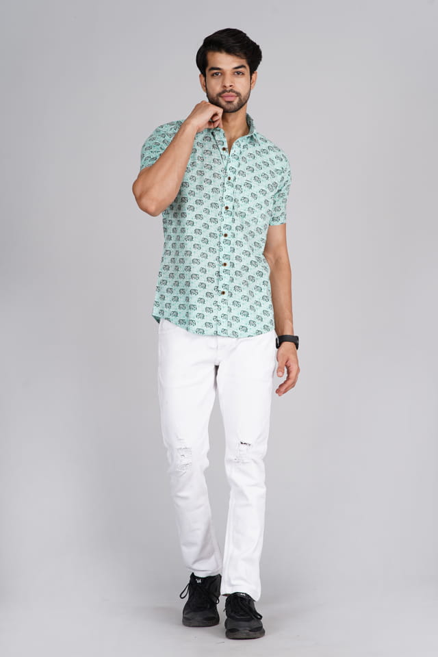 Pastel Green Elephant print jaipuri shirt