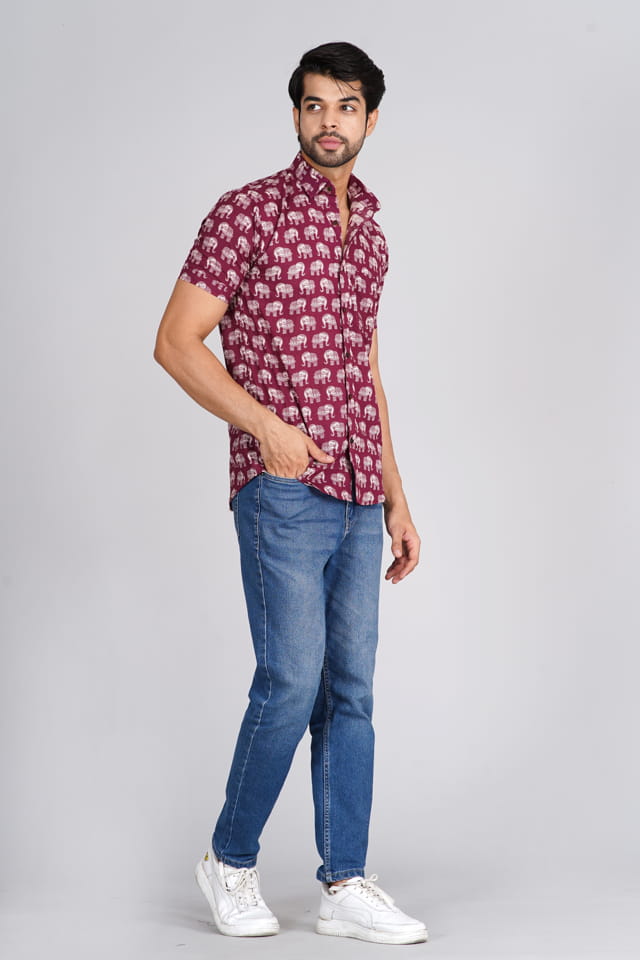 Wine Elephant Print Jaipuri Shirt